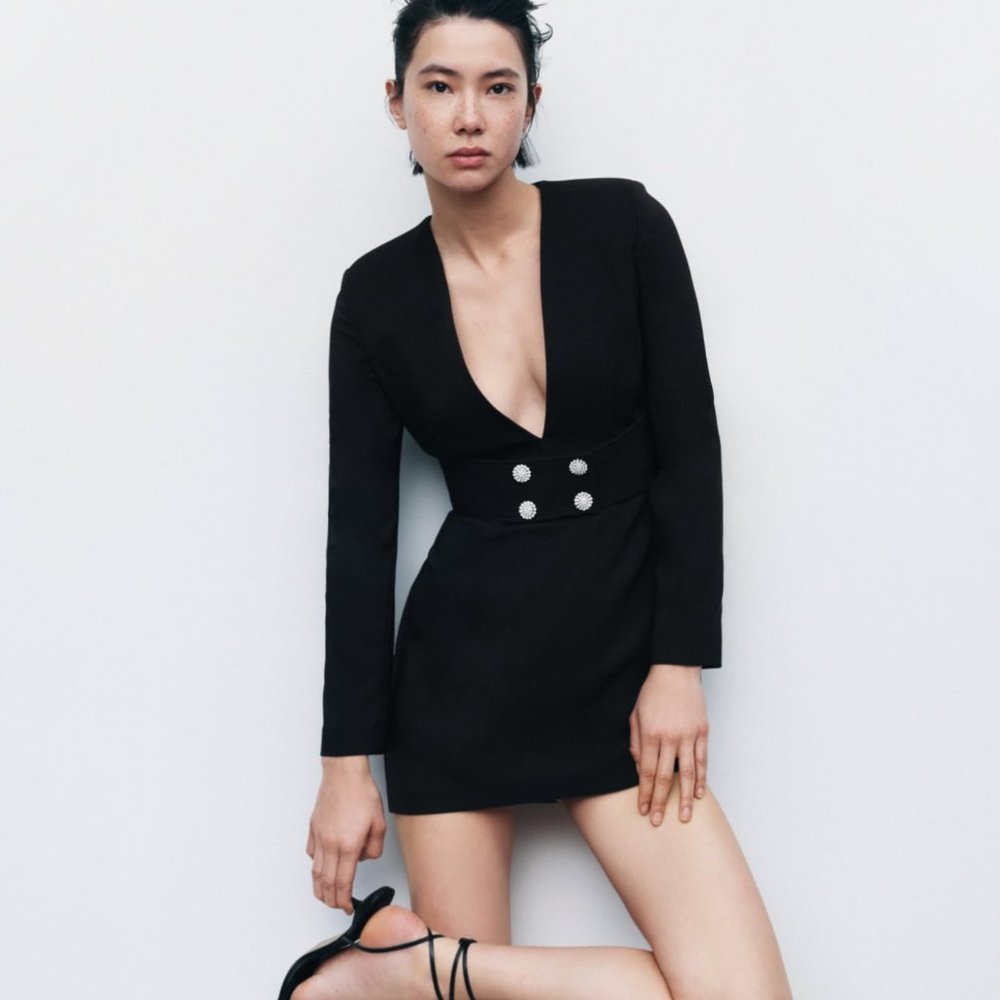 BNWT ZARA WOMAN PEARL APPLIQUÉ BELTED BLAZER DRESS BLACK - REF. 2404/312 SMALL